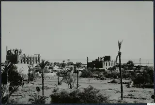 Ruined church walls with pointed window openings among palm trees and low houses at Famagusta, with the sea beyond.