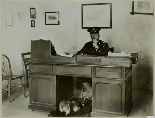 Uniformed man seated at a wooden desk in Famagusta, with a dog lying on the rug beneath it