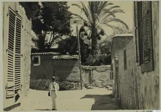 Ernst Kjellberg standing in a sandy village lane between pale rough walls, with a palm tree and a leafy tree behind