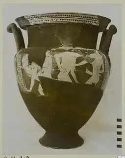 Two-handled pottery vessel with a band of painted figures around its body, photographed on a plain background