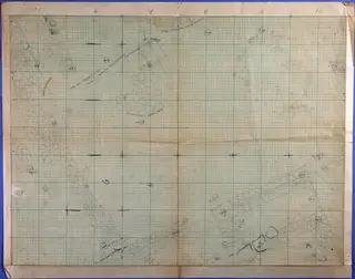 Field plan of Ayia Irini on squared paper, showing stone walls as outlines and numbered find points