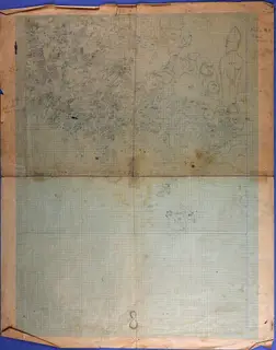 Find plan at Ayia Irini in pencil on squared paper, with numbered finds and a standing figure outline