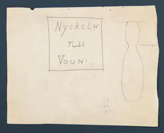 Pencil field drawing with a boxed handwritten title for Vouni and a sketched vessel-like outline beside it.