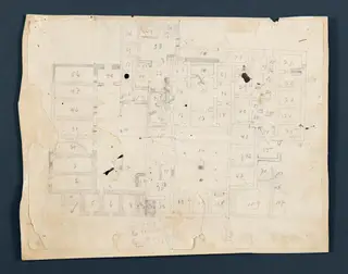 Plan of the palace at Vouni, pencil field drawing with pencilled room numbers