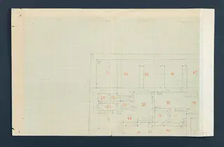 Plan of Vouni: pencil field plan on squared graph paper, with rooms numbered in red