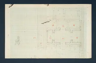 Plan of Vouni, one of eight parts, scale 1:100, drawn in pencil on squared paper with red room numbers.