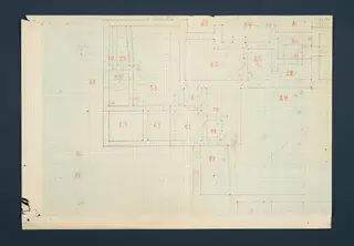 Plan of Vouni, one of eight parts, scale 1:100, showing rooms outlined in pencil on squared graph paper