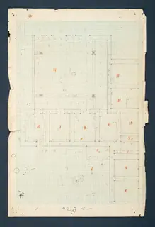 Plan of Vouni, one of eight parts, drawn in pencil on squared paper with red room numbers