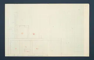 Plan of Vouni, one of eight parts at scale 1:100, showing outlined rooms and walls on squared paper.