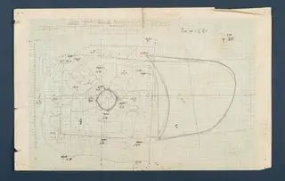 Field plan of the cistern opening at Vouni, drawn in pencil on squared paper with levels marked in red and black.