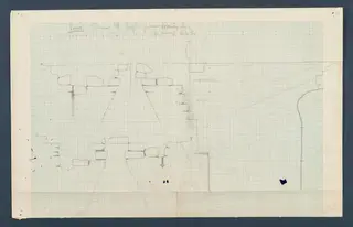 Field drawing of profiles of stone blocks and a curved edge at Vouni, Room 47 (formerly Room 14), in pencil on graph paper.