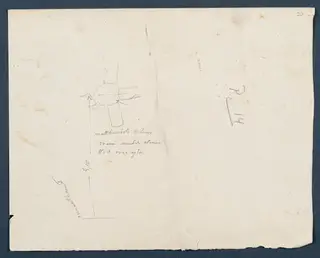 Field drawing of a rounded object with a rectangular base and handwritten notes, Room 47 at Vouni
