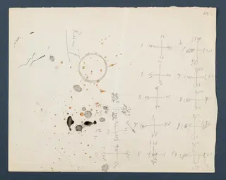 Field drawing of Room 7 at Vouni, with handwritten measurements, cross-shaped sketches and a drawn circle