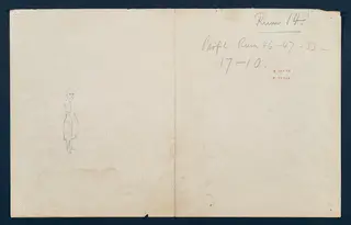 Reverse of a field drawing sheet with handwritten notes and a small pencil sketch of a standing figure