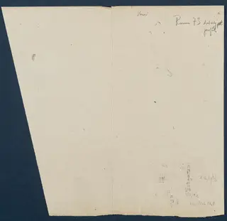 Back of a Vouni field drawing sheet with handwritten notes for Room 12 (formerly Room 73), profile detail