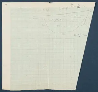 Field drawing of a profile section of Room 12 at Vouni, with a curved cut, layers and handwritten notes