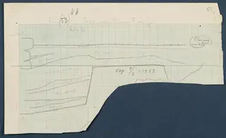 Field drawing of a profile between squares F and G in Room 66 at Vouni, pencil on squared graph paper.