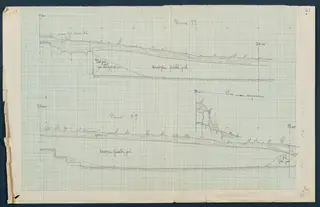 Field drawing of profiles through several rooms at Vouni, pencil on squared grid paper with metre heights marked.