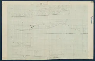Elevation drawing of stone walls in Room 16 (formerly Room 55) at Vouni, in pencil on squared grid paper.