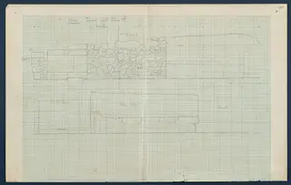 Field drawing of the facade of Room 47 at Vouni, a pencil elevation of stone walls on graph paper
