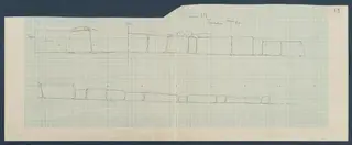 Field drawing of the facade of Room 57 at Vouni, showing rows of rectangular wall blocks in pencil on grid paper.