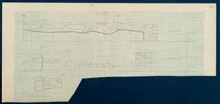 Field drawing of the facade of Room 58 at Vouni, pencil outlines of stone walls on squared paper