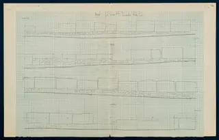 Field drawing of the facade of Room 97 at Vouni, showing courses of masonry blocks above rubble footings
