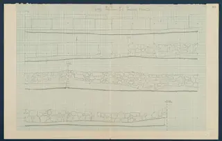 Field drawing of the facade of Room 98 at Vouni, pencil elevation on graph paper