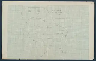 Field drawing of Room 72 at Vouni: pencil plan on graph paper with finds marked and a north arrow
