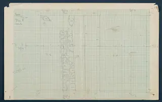 Field drawing of Room 11 at Vouni: pencil plan on squared paper showing a rubble wall and two marked finds.