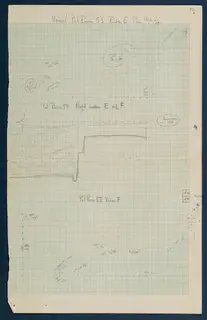 Field drawing of Room 66 (formerly Room 53), squares E and F, with a find plan and a profile between E and F at 1:10.