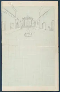 Pencil reconstruction sketch of the court at Vouni, with colonnades and a pedimented front at the far end.