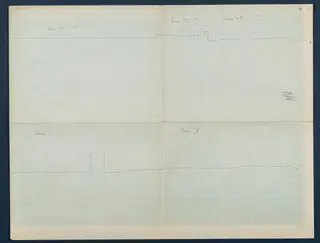 Field drawing of section VI at Vouni: two profile lines on squared paper with handwritten room labels