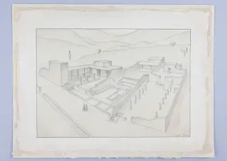Field drawing by John Lindros of the palace at Vouni, showing walls, columns and steps in perspective.