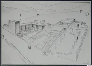 Perspective drawing of the palace at Vouni, with colonnades, courtyards and walls set against hills