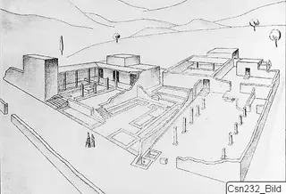 Bird's-eye pencil drawing of the palace at Vouni, with courtyards, columns, stairs and walls, and hills behind.