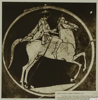 Painted detail of a horse and rider inside a circle, from a red-figured Greek drinking cup.