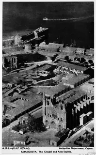 Aerial view of the Citadel and Ayia Sophia church at Famagusta, with the harbour and sea beyond