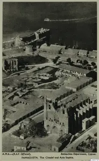 Aerial view of the Citadel and Ayia Sophia in Famagusta, with the harbour, city walls and church.