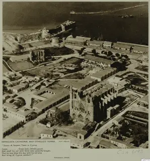 Aerial view of Famagusta cathedral and Othello's Tower beside the harbour