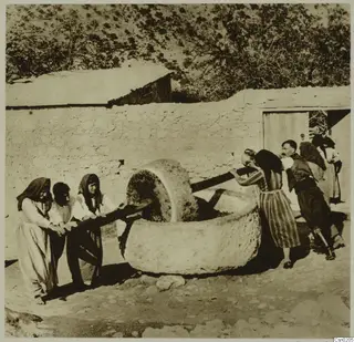 People working a large stone wheel in a stone basin, beside a stone wall in Mesaoria