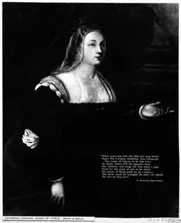 Reproduction of a painting of Catherine Cornaro, queen of Cyprus, with a printed verse at lower right