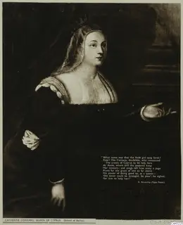 Reproduction of a painted portrait of Catherine Cornaro, queen of Cyprus, in a dark dress and veil.