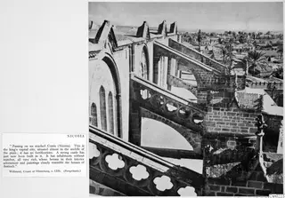 Rooftops and a stone building with pointed arched openings above a town with palm trees, mounted beside a printed text block.