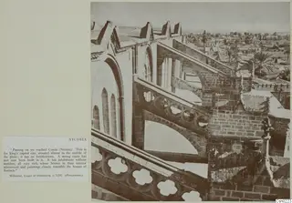 Rooftops of Nicosia seen from above, with a building of pointed gables and arched openings, and palm trees beyond