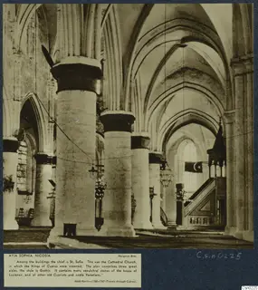 Interior of Ayia Sophia, Nicosia, showing tall columns and ribbed vaults rising to pointed arches