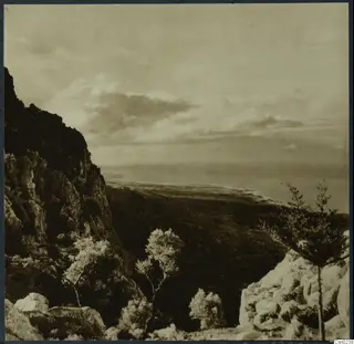 Steep rocky mountain edge with small trees, looking down over a dark slope toward a distant coast and sea.