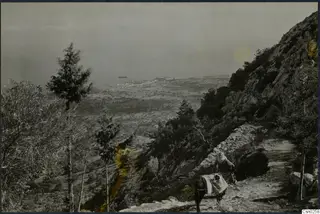 Mountain path in the Kyrenia Mountains with a person leading a donkey, looking out over the coastal plain and sea.