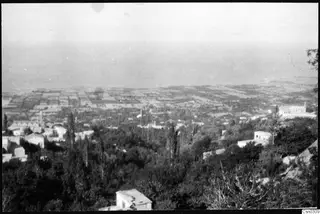 View over a village and cultivated fields from a wooded hillside
