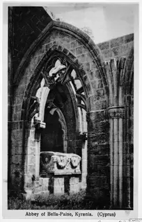Abbey of Bella-Paise, Kyrenia: pointed arch with carved tracery and a carved stone chest in a ruined building